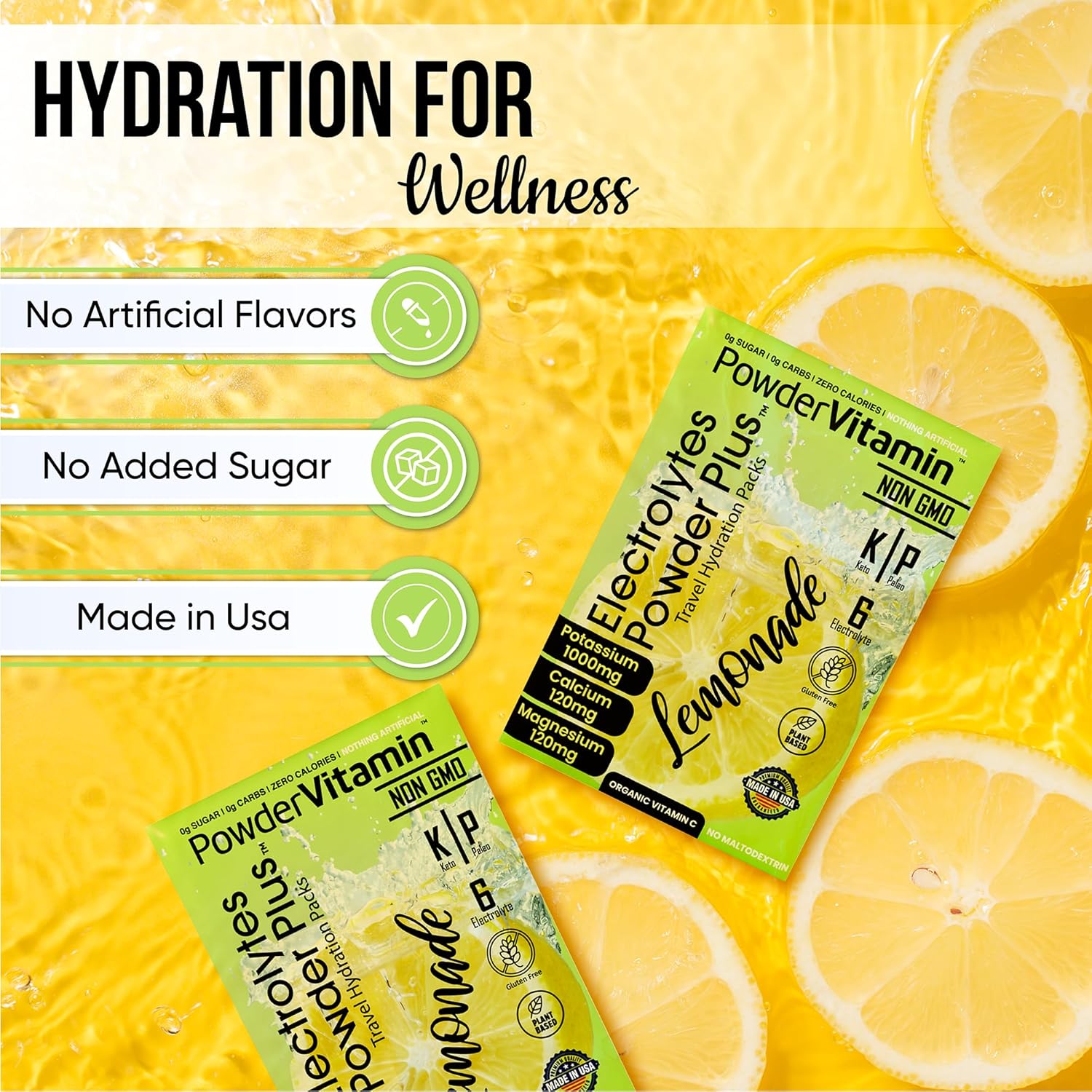 PowderVitamin Electrolytes Powder Plus, Keto, Lemonade, Sugar Free, Pink Himalayan Salt, 1000mg Potassium, 120mg Calcium, 120mg Magnesium, Non-GMO, Zero Calories, (16 Hydration Packets)