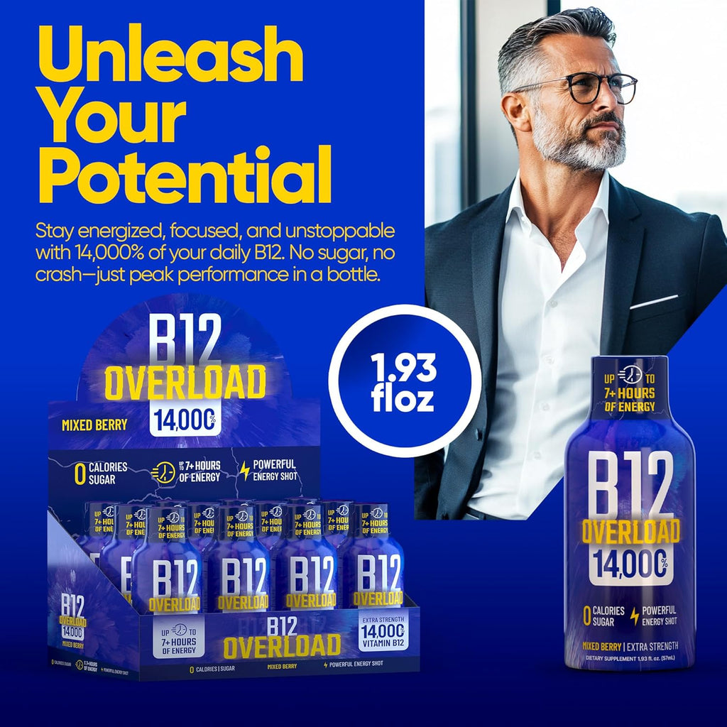 B12 Overload Extra Strength Energy Shot – Mixed Berry – 260mg Caffeine, 14000% B12, Electrolytes – Energy & Vitality Support – Zero Sugar No Calories – Vegan, Kosher, Gluten-Free – 1.93 fl oz, 10-Pack