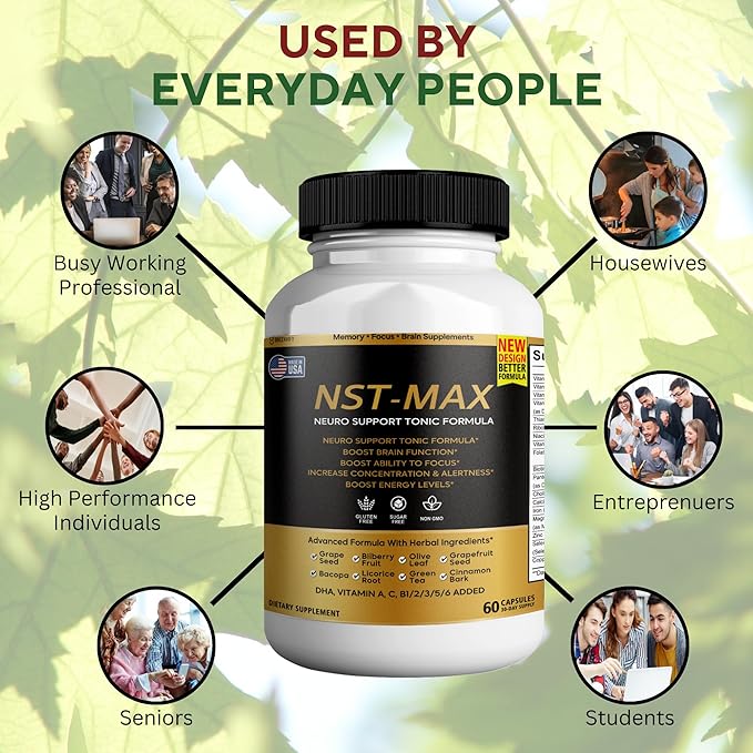 NST-Max Brain Booster | Nootropic Brain Supplements for Memory and Focus | Premium Natural Energy Supplement, Vitamins B6 & B12 | 120 Capsules