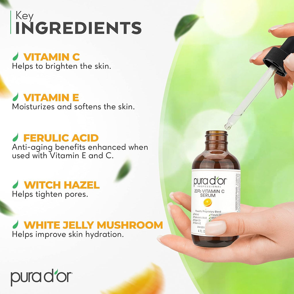 PURA D'OR 20% Vitamin C Serum 4 Oz - Lightweight Maximum Strength Formula - Retinol, Hyaluronic Acid, Ferulic Acid - Professional Grade Treatment For Face & Eyes, Wrinkles - Men & Women
