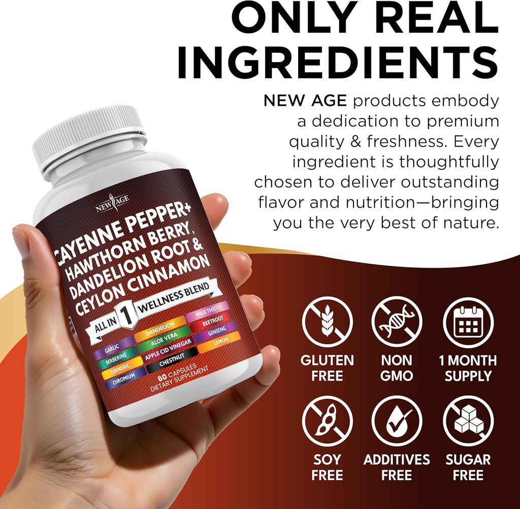 NEW AGE Cayenne Pepper Capsules Supplement with Hawthorn Berry, Dandelion Root, Ceylon Cinnamon, Garlic, Ginger, ACV, Milk Thistle, Beet Root, Aloe Vera - 60 Count
