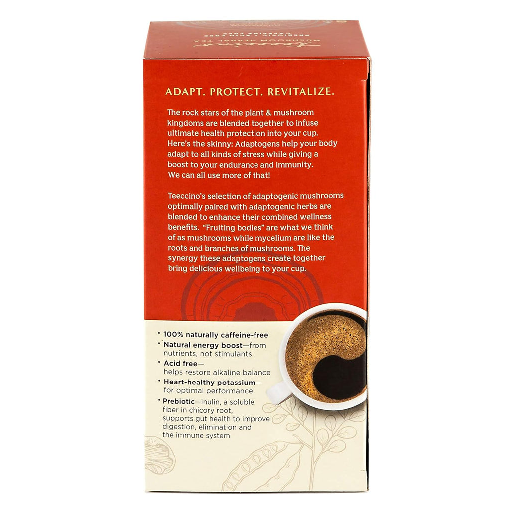 Teeccino Lion’s Mane Rhodiola Rose Mushroom Adaptogen Herbal Tea - Caffeine-Free, 3x More Herbs than Regular Tea Bags, Lightly Sweet from Dates & Figs, Prebiotic - 25 Tea Bags
