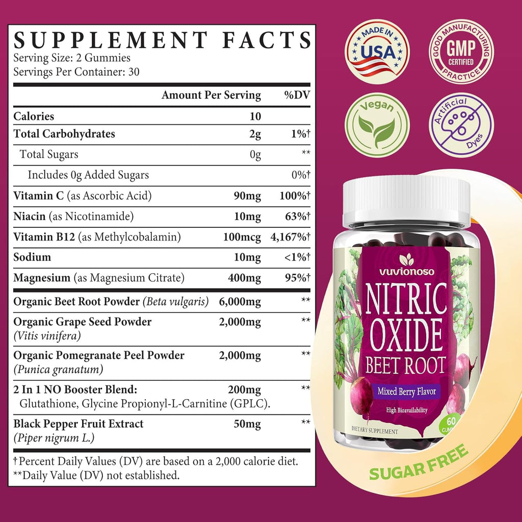 Beet Root Gummies – Nitric Oxide Supplement with Grapeseed, Pomegranate, Vitamin C & B12 – Sugar-Free Mixed Berry Flavor – 60 Gummies (2 Bottles)