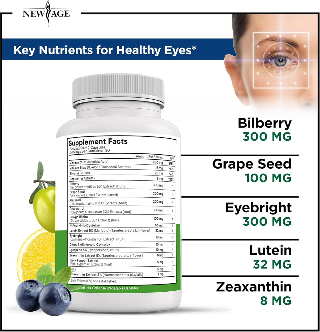 NEW AGE AREDS 2 Eye Vitamins - Lutein, Zeaxanthin, Bilberry, Astaxanthin Mineral Vision Supplement - 60 Count