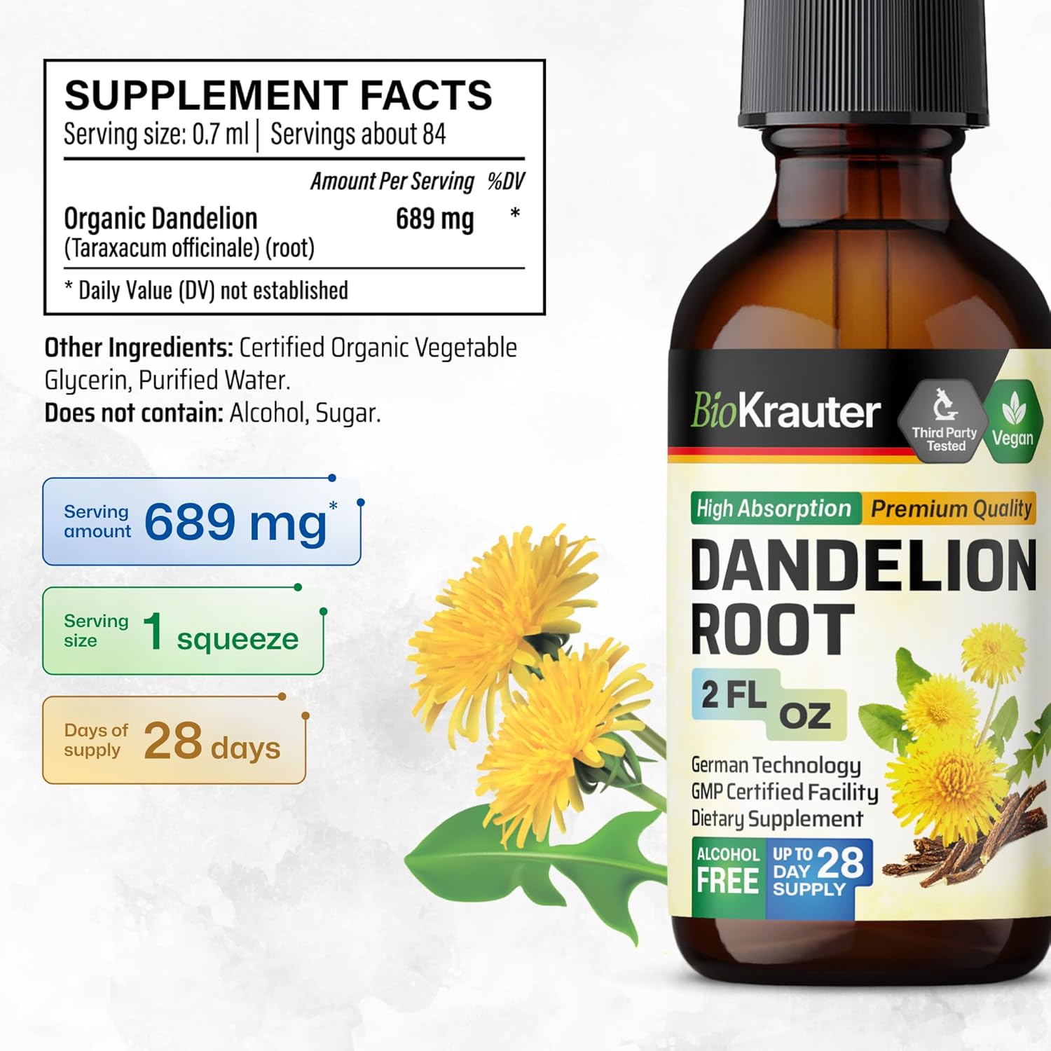 BIO KRAUTER Dandelion Root Extract - Alcohol & Sugar Free Dandelion Tinture - Vegan Supplement for Cleansing & Immunity - 2 Fl. Oz - 28 Days of Supply