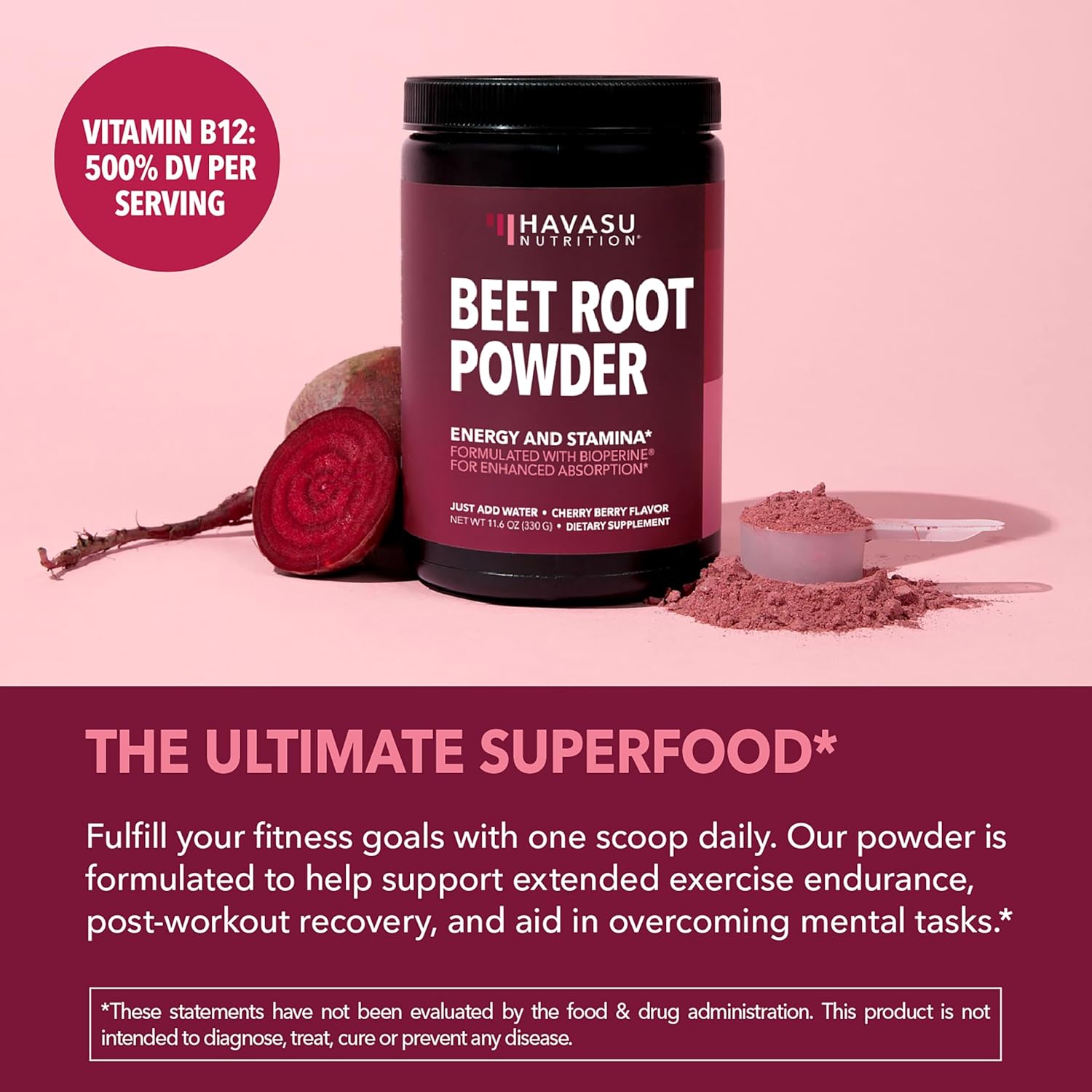Organic Beet Root Powder with Vitamin B12 & Coryceps - Nitric Oxide Supplement - Beetroot Powder for Energy & Post Workout Recovery - Mix with Water or Smoothies, Cherry Berry Flavor - 30 Servings