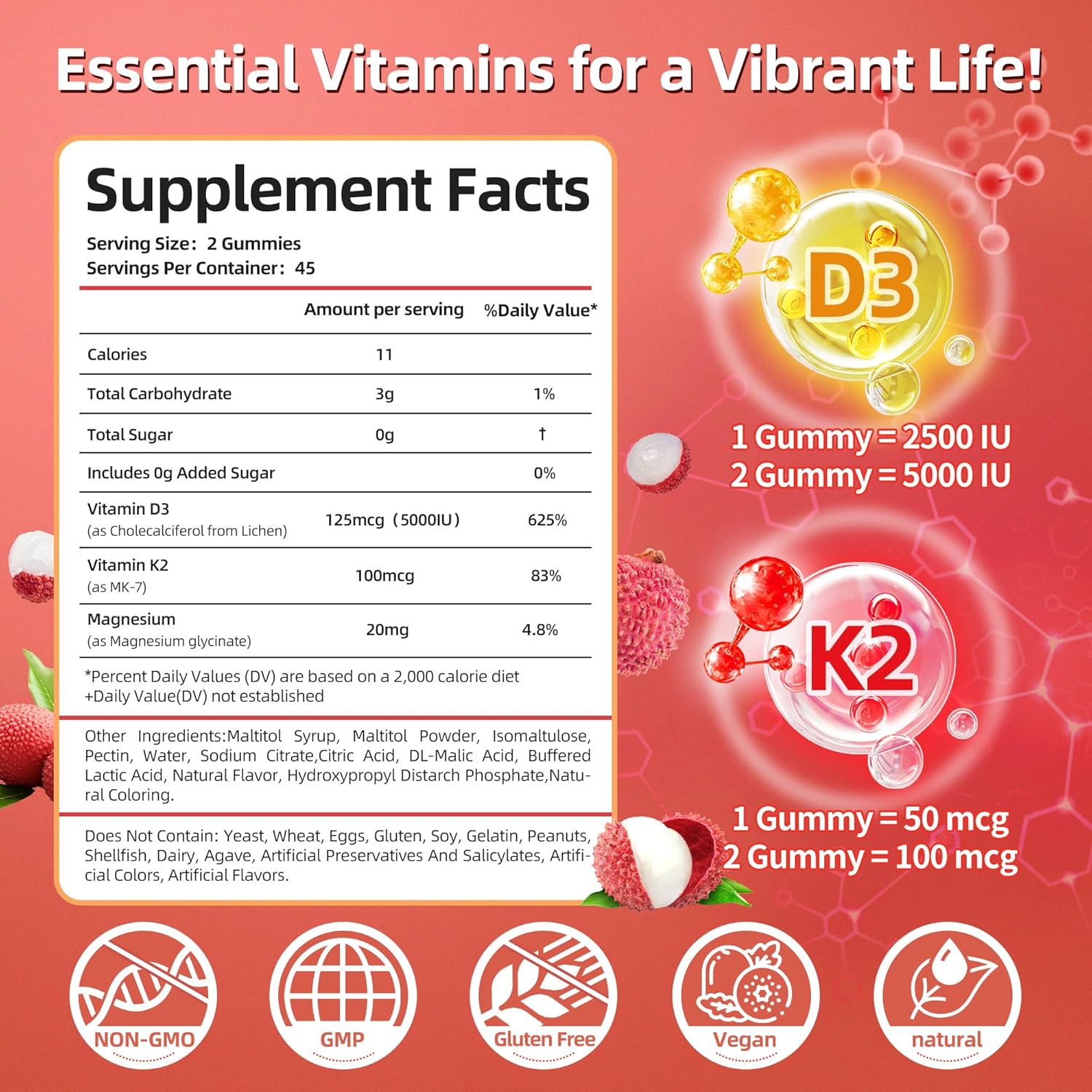 Vitamin D3 K2 Gummies w/Magnesium Sugar Free - 90 Count | D3 Vitamin 5,000 IU + K2(MK-7) 100 mcg - Vegan K2 D3 Vitamin Supplement, Highly Absorbent Supports Bone, Muscle, Mood & Immune(Lychee Flavor)