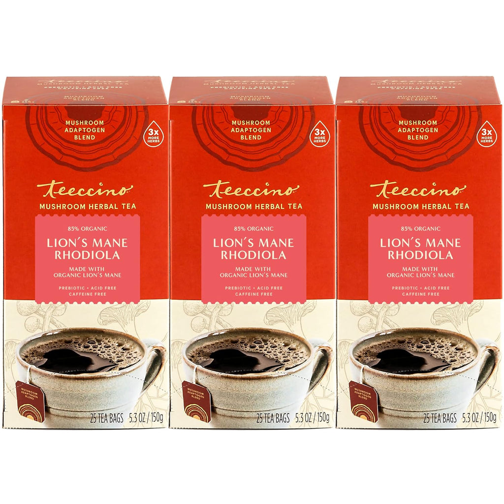 Teeccino Lion’s Mane Rhodiola Tea - Rose - Caffeine-Free Mushroom Adaptogenic Herbal Tea, 3x More Herbs than Regular Tea Bags, Lightly Sweet from Dates & Figs, Chicory Prebiotic - 25 Tea Bags (Pack of 3)