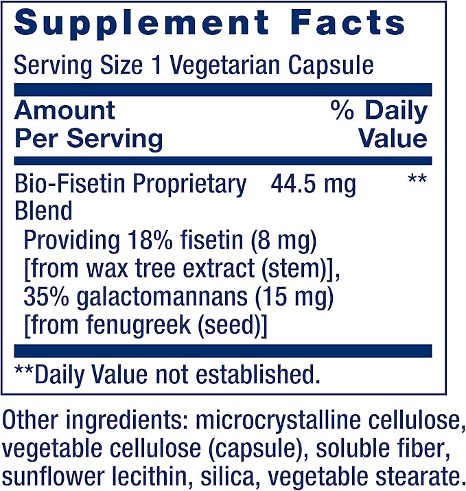 Life Extension Bio-Fisetin, Fisetin, galactomannans from Fenugreek Seed, Cellular Health, Cognitive Health, Longevity, Gluten-Free, Vegetarian, Non-GMO, 30 Vegetarian Capsules