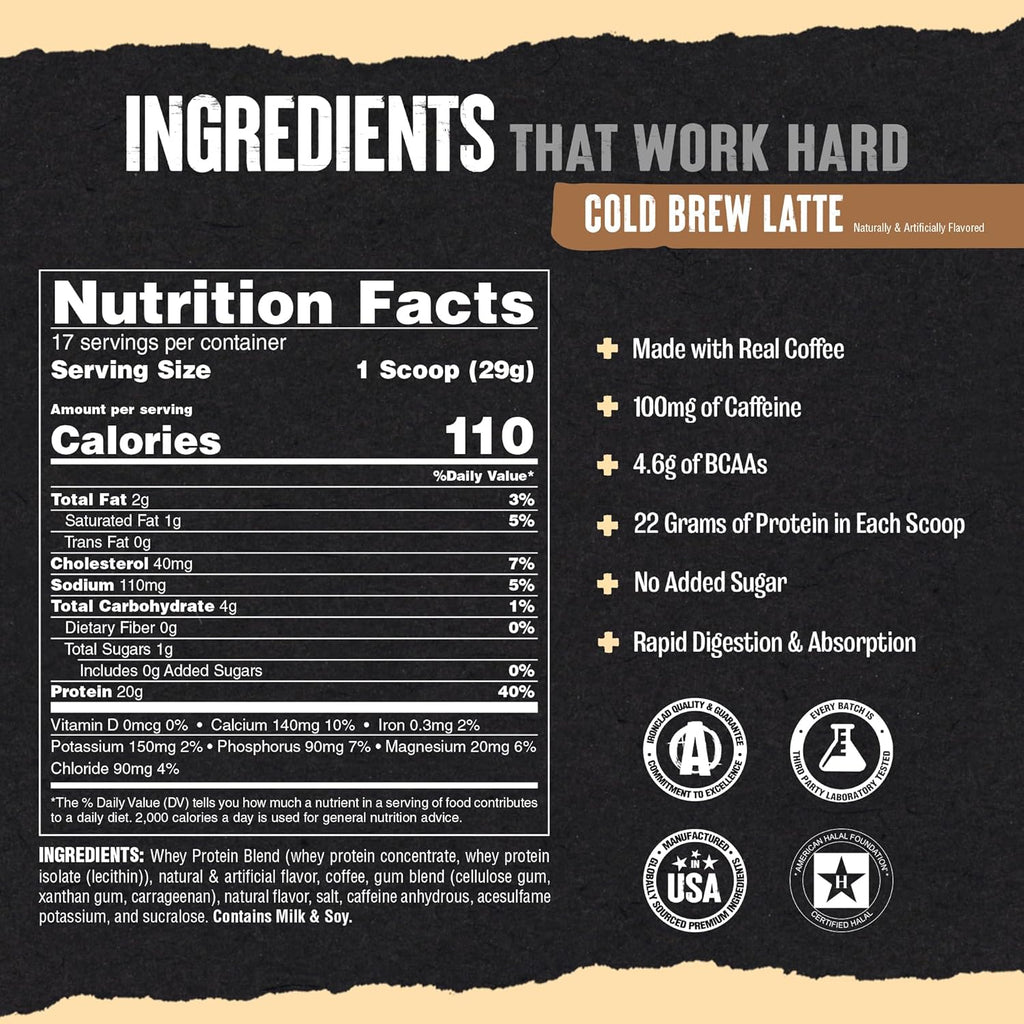 Animal 100% Whey Protein Powder Instant Iced Coffee – Real Coffee for Preworkout, Post Workout Whey Blend + 20g of Protein Shake, 120mg of Caffeine Meal Replacement with BCAA – Cold Brew Latte, 1 lb