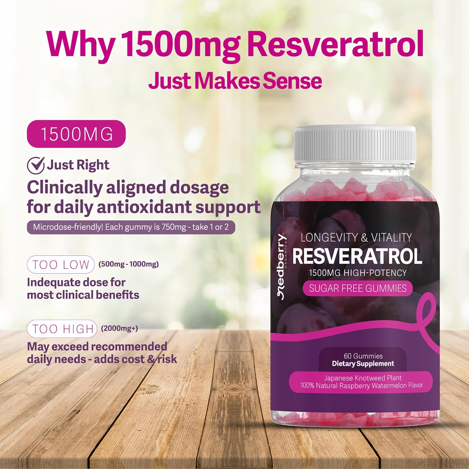 Resveratrol Supplement 1500mg Gummies | 98% Pure Japanese Knotweed | Resveratrol Organic Ingredients, Sugar-Free, Gluten Free | Daily Longevity & Healthy Aging Supplement