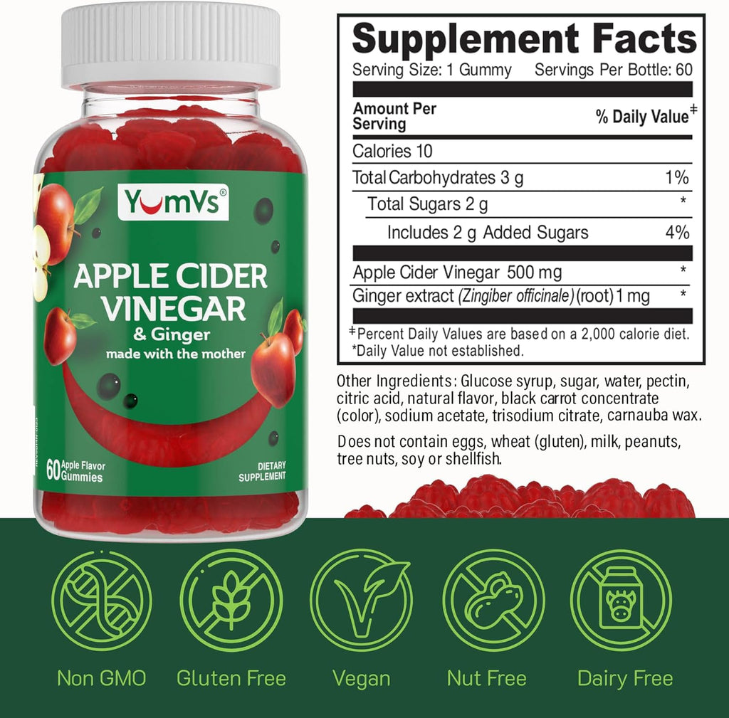 YUM-V'S Apple Cider Vinegar Gummies – ACV Gummies with Ginger & The Mother – Supports Metabolism, Vitality & Daily Wellness – Natural Apple Flavor Vegan, Non-GMO, Gluten-Free, Cider Gummy – 60 Count