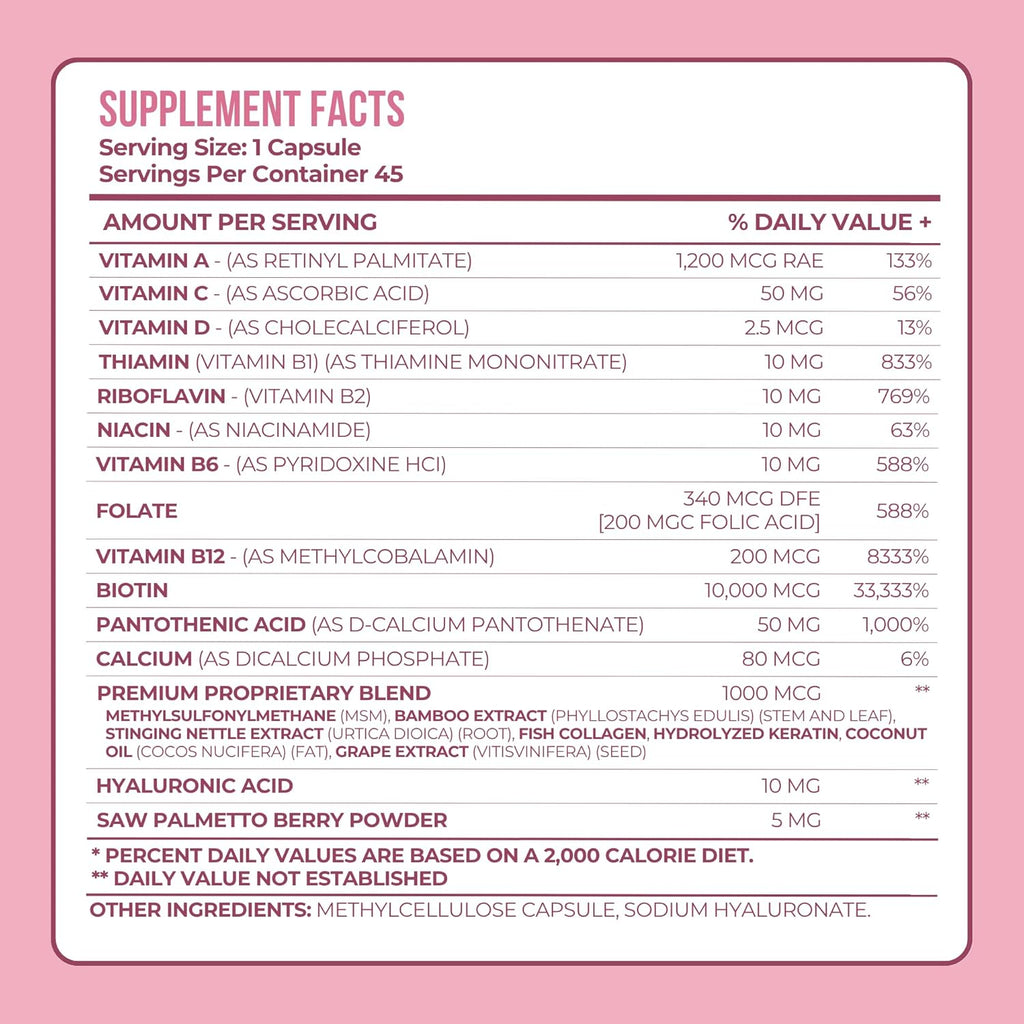 Vitamo Hair Growth Vitamins for Women | Hyaluronic Acid & 50,000 mcg B-Complex (B1, B2, B3, B6, B7) | Biotin and Collagen | Keratin – Advanced Supplement for Hair, Skin & Nails | 90 Capsules
