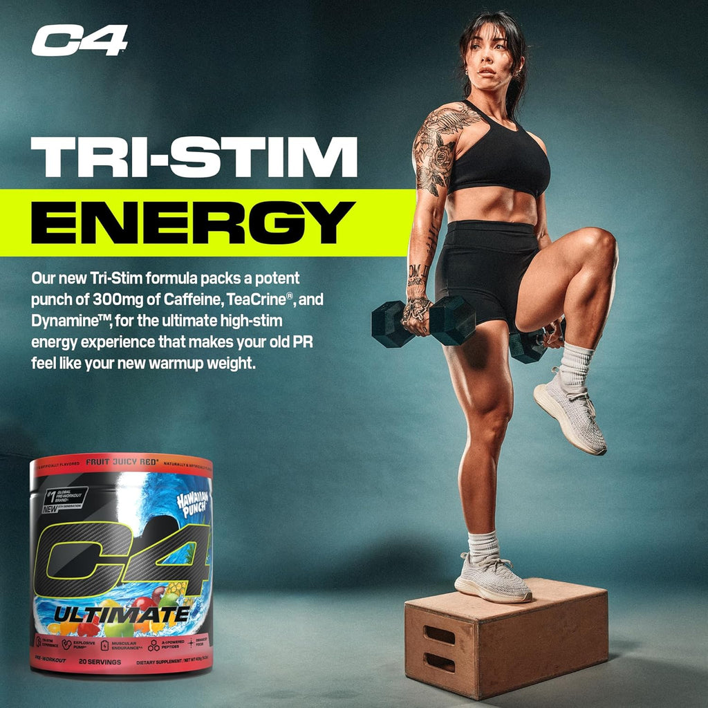Cellucor C4 Ultimate Pre Workout Powder - Sugar Free Preworkout Energy Supplement for Men & Women - 300mg Caffeine + TeaCrine + Dynamine + Creatine - Hawaiian Punch Fruit Juicy Red, 20 Servings