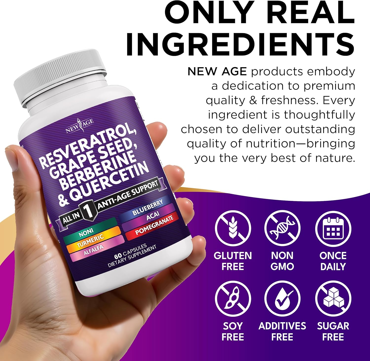 NEW AGE Resveratrol, Berberine, Grape Seed Extract, Quercetin, Polyphenol Supplement for Women and Men with Noni Extract, N-Acetyl Cysteine, Acai Extract - 120 Capsules