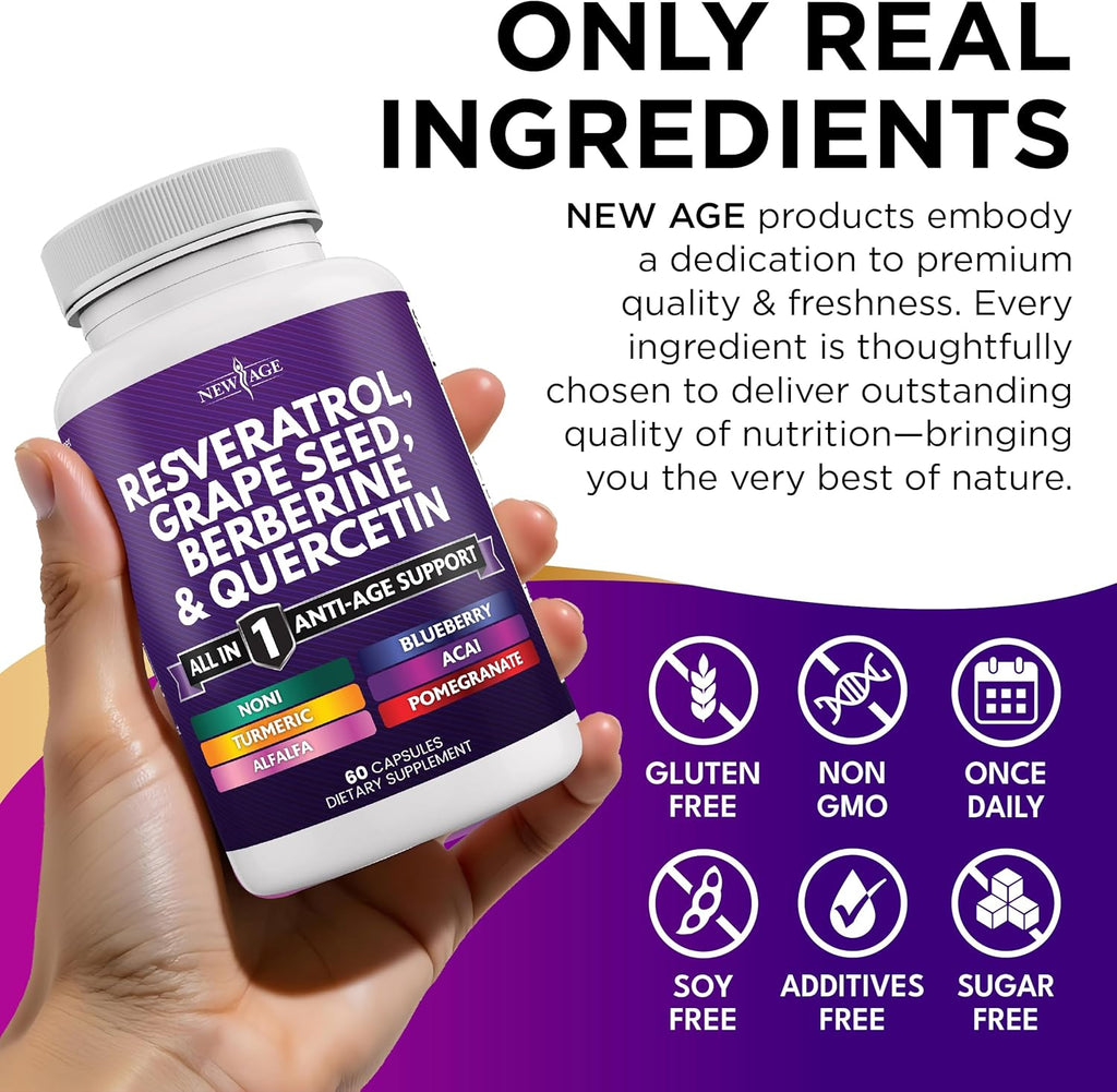 NEW AGE Resveratrol, Berberine, Grape Seed Extract, Quercetin, Polyphenol Supplement for Women and Men with Noni Extract, N-Acetyl Cysteine, Acai Extract - 180 Capsules