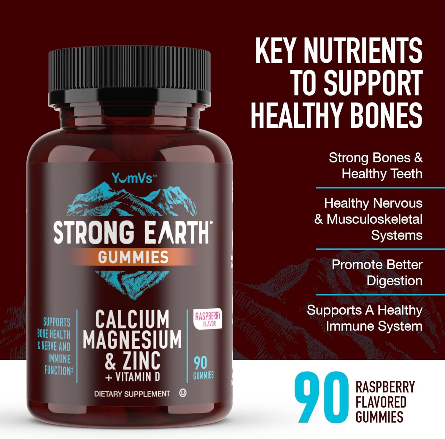 YUM-V'S Calcium, Magnesium, Zinc & Vitamin D Gummies, Cal Mag Chewable Supplement, Vegetarian Kosher Halal Natural Raspberry Flavor Gummies for Adults Women & Men - 90 Count (Pack of 2)