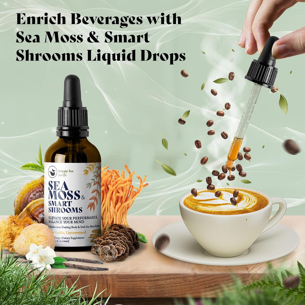 HAPPY FOX Irish Sea Moss Liquid Drops & Mushroom Tincture - Seamoss with 7 Adaptogenic Mushroom Extracts for Cognitive Support & Gut Health, Mushroom Coffee Elixir, Pure Vanilla Flavor