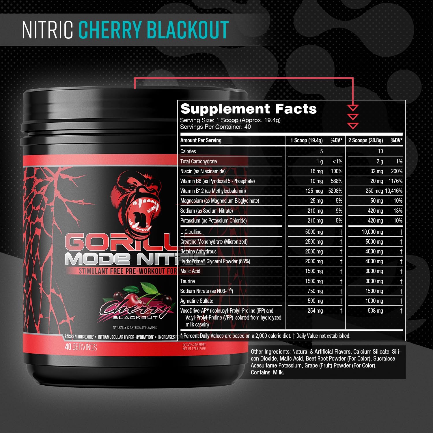 Gorilla Mode Nitric Upgraded Stimulant Free Pre-Workout – Best Tasting and Most Effective Stimulant Free Pre-Workout/Massive Pumps · Vasodilation · Power / 776 Grams (Cherry Blackout)