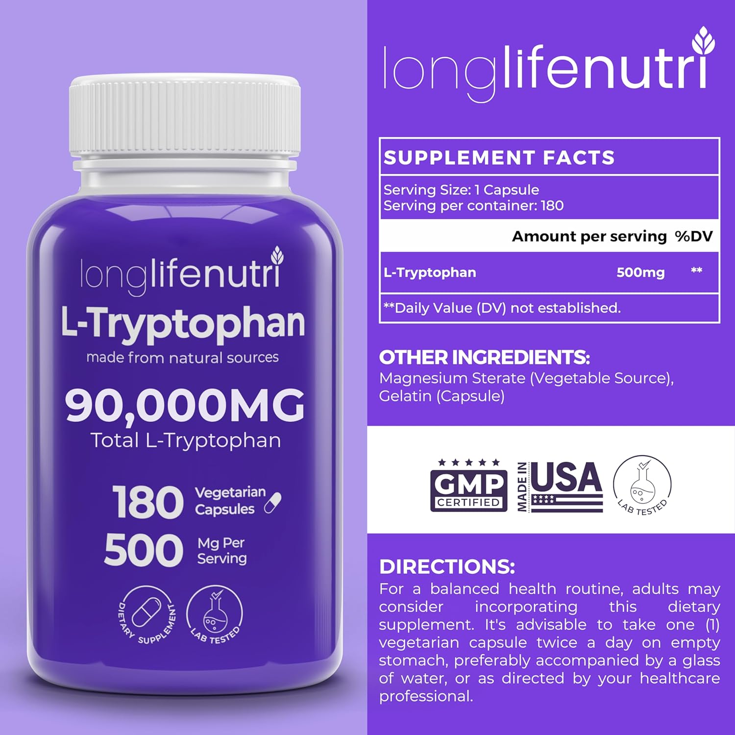 L-Tryptophan 500mg – 180 Vegetarian Capsules, 6-Month Supply, for Sleep Aid and Mood Stability, Lab Tested, Made in USA, Non-GMO