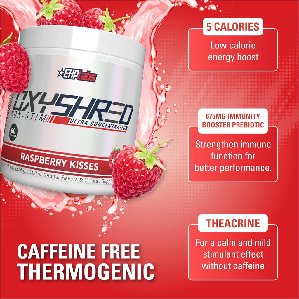 EHP Labs OxyShred Non Stimulant Pre Workout Powder - Stim Free, Caffeine Free Preworkout for Men & Women - Non Stim Preworkout - Sugar Free Energy Powder - Raspberry, 60 Servings