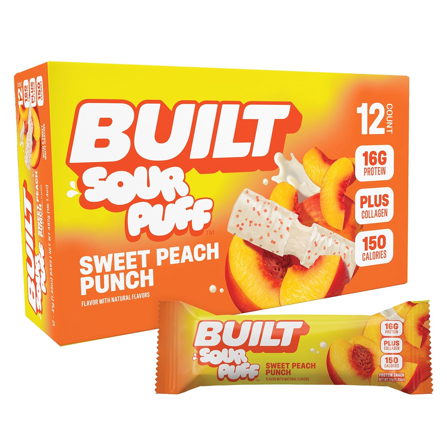Built Bar, Sour Puff Protein Bars, Sweet Peach Punch, Collagen, On-the-go Snacks, Sour Candy Snack, 12 Pack