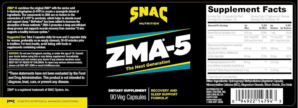 SNAC ZMA-5 Sleep Aid Supplement, Promote Muscle Recovery & Growth, Immune Support, & Restorative Sleep with Zinc, Magnesium & 5-HTP, Post Workout, Before Bed ZMA Supplements 90 Veggie Capsules