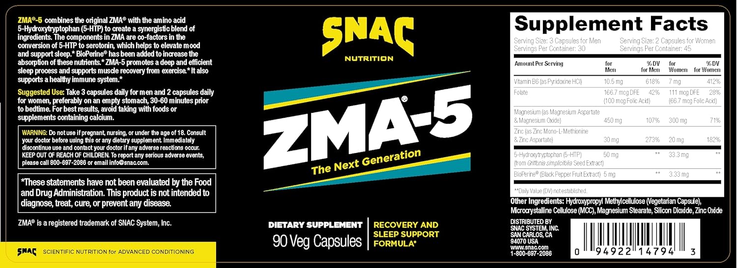 SNAC ZMA-5 Sleep Aid Supplement, Promote Muscle Recovery & Growth, Immune Support, & Restorative Sleep with Zinc, Magnesium & 5-HTP, Post Workout, Before Bed ZMA Supplements 180 Count (2 Pack)