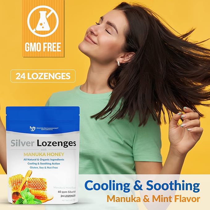 Silver Lozenges with Organic Manuka Honey and Vitamin C - All-Natural Nano Silver 45-50mcg of 60 PPM Colloidal Mineral Drops to Support Immune System, 72-Lozenges
