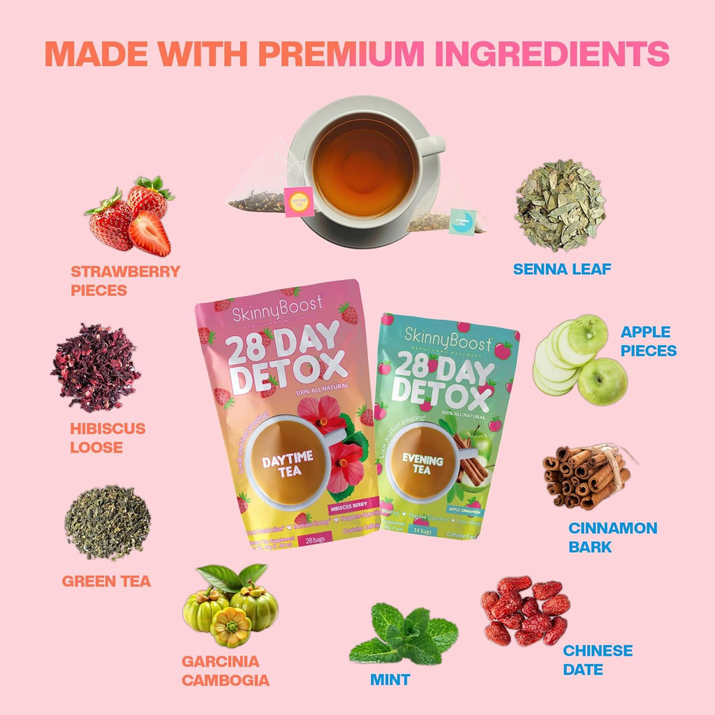 Skinny Boost Detox Tea Kit- 2 PACK –1 Daytime HIBISCUS (28 Bags) + 1 Evening APPLE CINNAMON-(14 Bags) – Herbal Detox for Energy, Bloating & Colon Cleanse – Green Tea, Vegan, Keto, Non-GMO, Sugar-Free