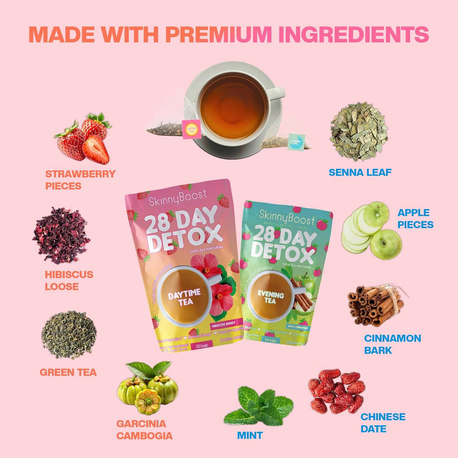 Skinny Boost Detox Tea Kit- 2 PACK –1 Daytime HIBISCUS (28 Bags) + 1 Evening APPLE CINNAMON-(14 Bags) – Herbal Detox for Energy, Bloating & Colon Cleanse – Green Tea, Vegan, Keto, Non-GMO, Sugar-Free
