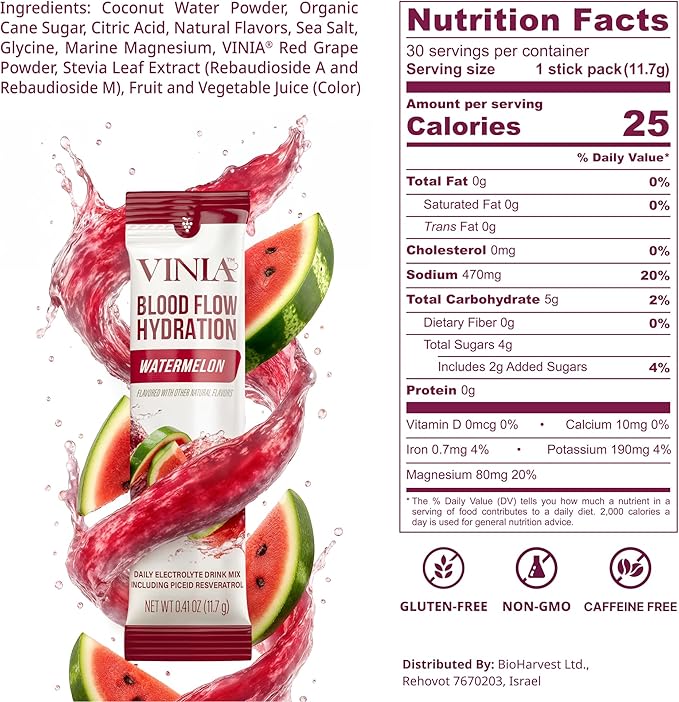 VINIA Resveratrol Electrolyte Hydration Powder Mix, Watermelon | Boost Blood Flow & Circulation | Sea Salt, Coconut Water Potassium, Magnesium, Informed Sport Certified, 30 Sticks
