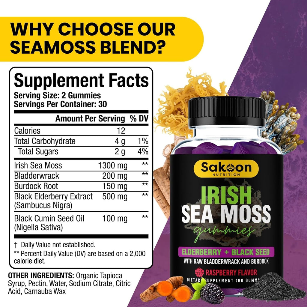 Irish Sea Moss Gummies with Elderberry & Black Seed Oil - Overall Wellness Support | Rich in Vitamins, Raspberry Flavor | 60 Gummies
