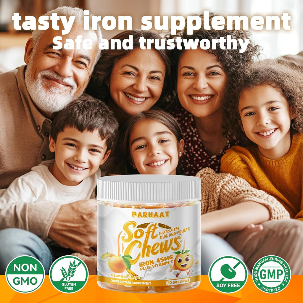 Iron Soft Chew Supplement with Vitamin C | Orange Flavored | Gluten Free | Iron Supplement for Women Men and Kids | 60 Count | 2 Month Supply