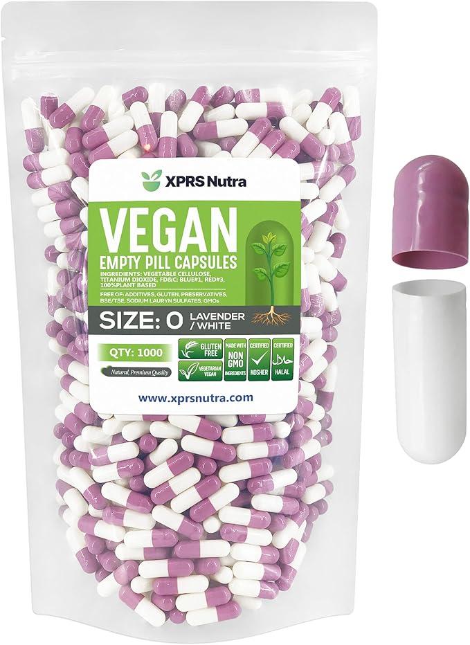 XPRS Nutra Size 0 Empty Capsules - 1000 Count Empty Vegan Capsules - Vegetarian Pills - DIY Vegetable Capsule Filling - Veggie Pill Caps for Do-It-Yourself Supplements (Lavender/White)