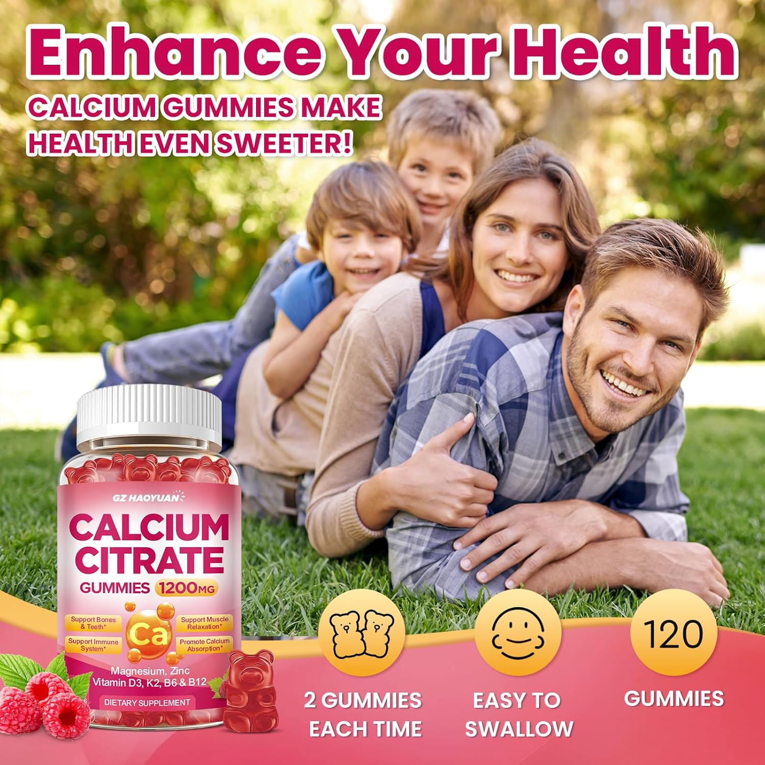 Calcium Citrate Gummies - 1200mg Calcium Gummies Supplements for Women & Men with Vitamin D3, K2, Magnesium, Zinc High Absorption for Bone, Muscle & Immune Support, Raspberry Flavor, 120 Count