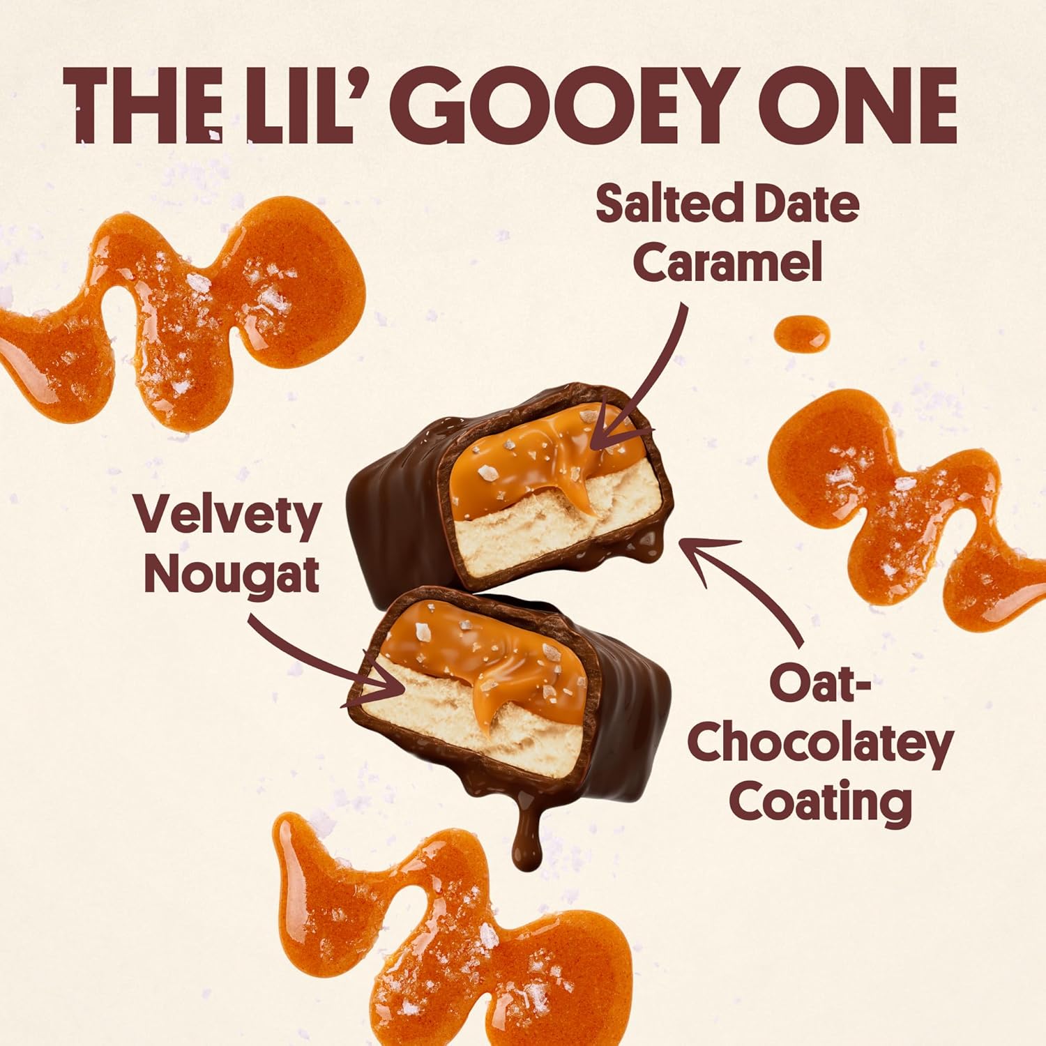 Harken Sweets The Lil’ Gooey Ones, Mini Oat Milk Chocolate Candy Bars with Date Caramel, Sweetened with Dates, No Sugar Added, High Fiber, Nut-Free, Gluten-Free, Plant-Based, 6 Pouches (30 Bars)