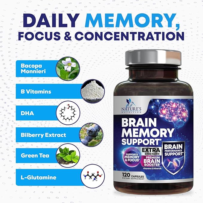 Brain Memory Supplement Pills - 3X Strength Nootropics for Concentration, Clarity & Focus Support - Brain Health Cognitive Vitamins with Bacopa, Phosphatidylserine & DMAE, Brain Booster - 120 Capsules