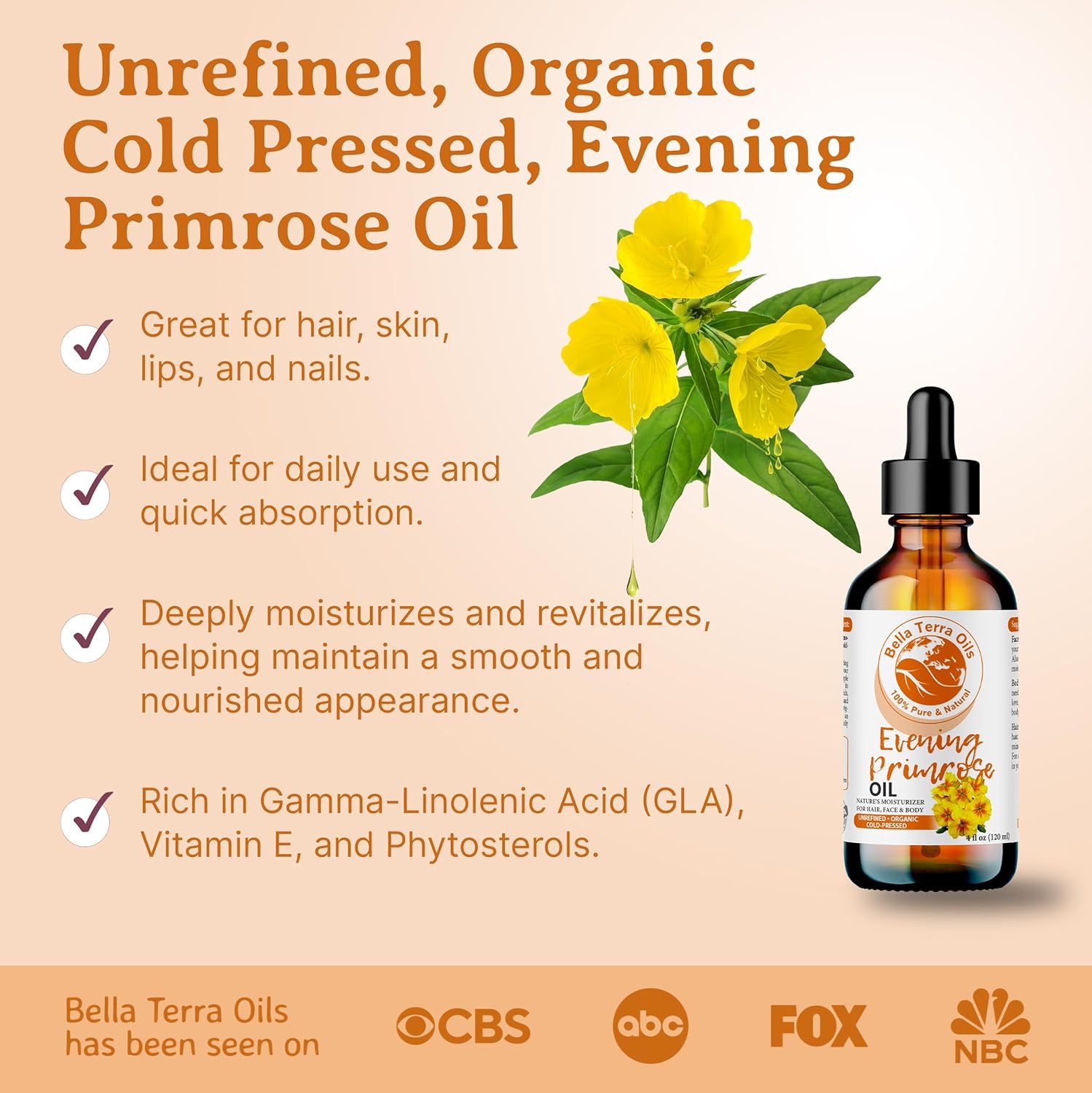 Bella Terra Oils - Organic Evening Primrose Oil 4oz - Unveiling the Richness of Cold-Pressed Organic Evening Primrose, Abundant in Vitamin F & Essential Fatty Acids for an Enhanced Glow