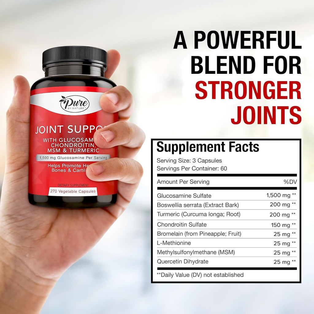 Pure By Nature Joint Support, Glucosamine with Chondroitin Turmeric MSM Boswellia Supplement, 270 Capsules