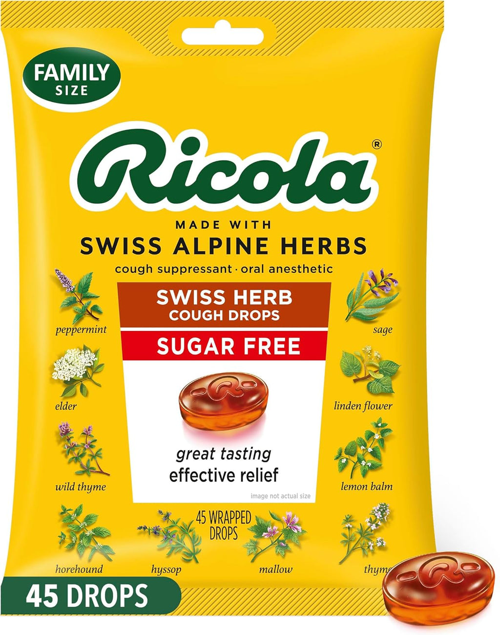 Ricola Sugar Free Swiss Herb Cough Drops, 45 Count, Cough Suppressant & Throat Relieving Drops with Naturally Sourced Menthol, Pleasing Taste for Coughs & Throat Irritation Symptom Relief