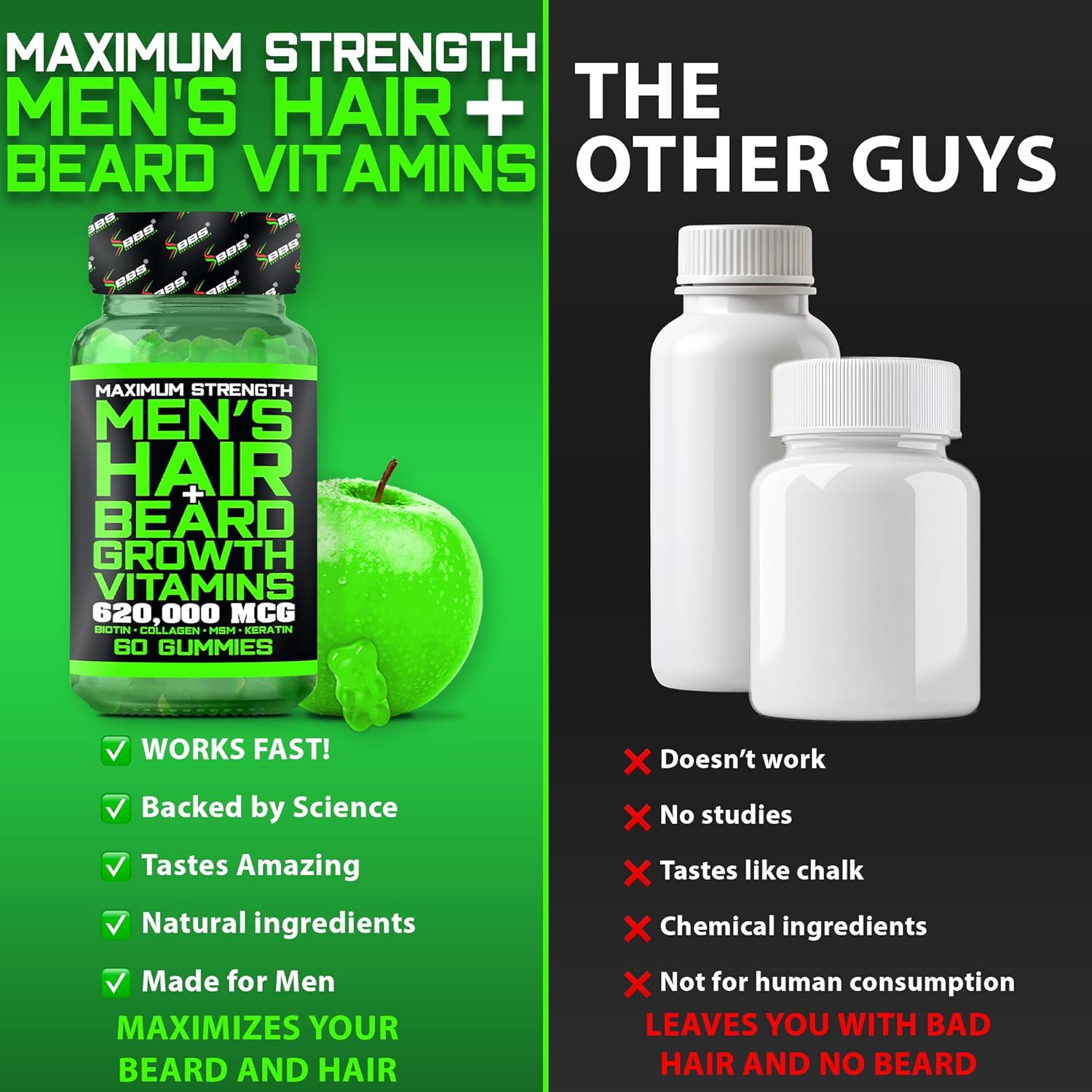 BBS Beard Growth & Hair Growth Vitamins for Men - Maximum Strength 620000mcg Biotin - Collagen - MSM - Keratin - Bamboo Extract - Multivitamin Gummies (Made by Best Beard Stuff USA)