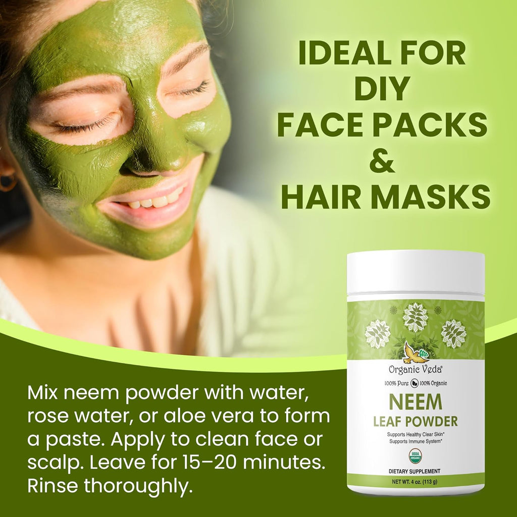 Organic Veda Neem Leaf Powder - Gentle Dried Organic Neem Leaves Powder - Herbal Supplement for Skin, Gut Cleanse & Immune Support - Non-GMO, Gluten-Free, Vegan – 4 oz