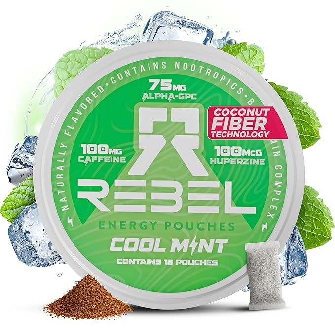 Nootropic Energy Caffeine Pouches (Cool Mint) • 100mg Caffeine • Alpha GPC • Huperzine A & Essential Vitamins • Sugar-Free • Coconut Fiber Technology • 15 Pouches Per Can (Pack of 1)