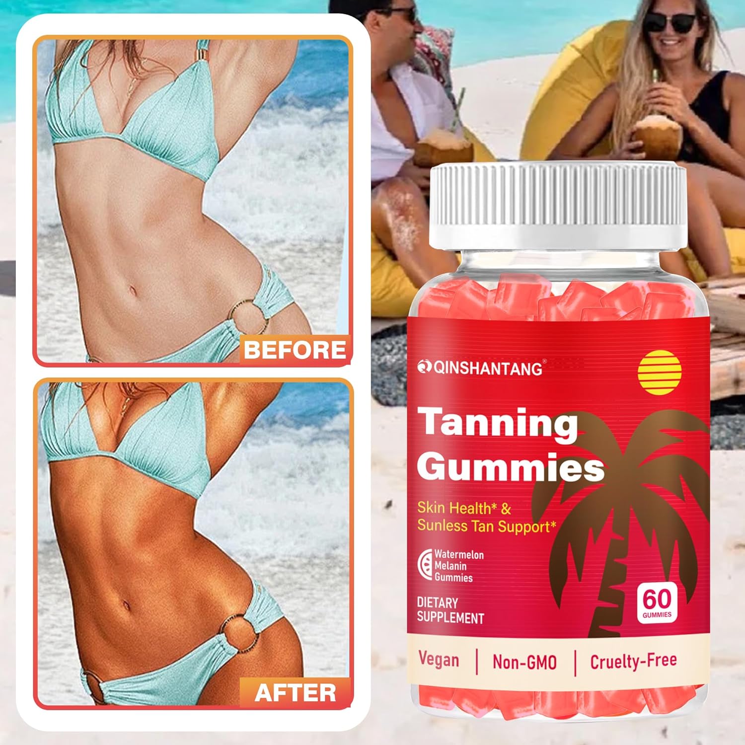 Tanning Gummies for WomenDaily Tanning Supplement, Sugar Free | Astaxanthin, L-tyrosine, Lycopene, Vitamin A | Radiant Skin & Immune Support, Antioxidant | Vegan, No GMO, 30 Servings