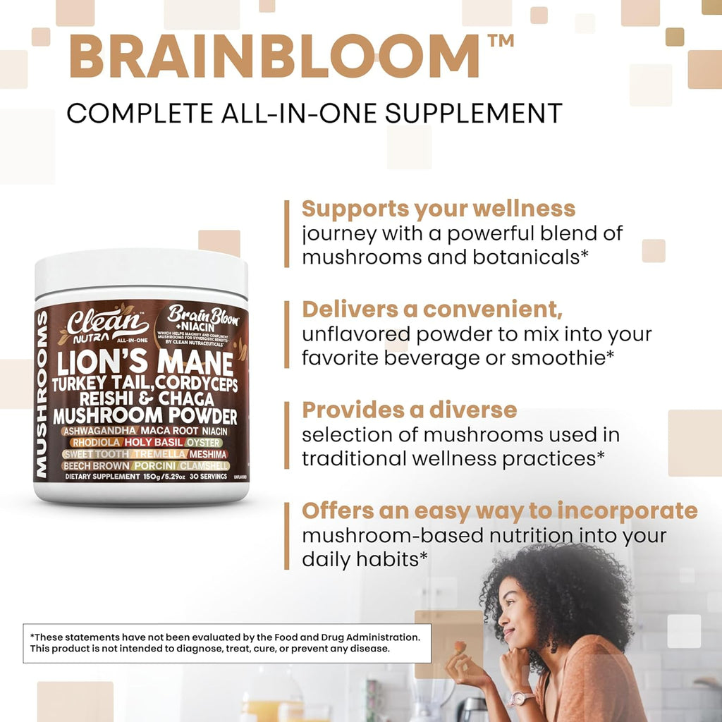 Clean Nutra Lion's Mane Turkey Tail Cordyceps Reishi Chaga Mushroom Powder + Ashwagandha Niacin Calm Stress Memory Adrenal Support Supplements Maca Rhodiola Holy Basil Apaptogen Supplement Unflavored