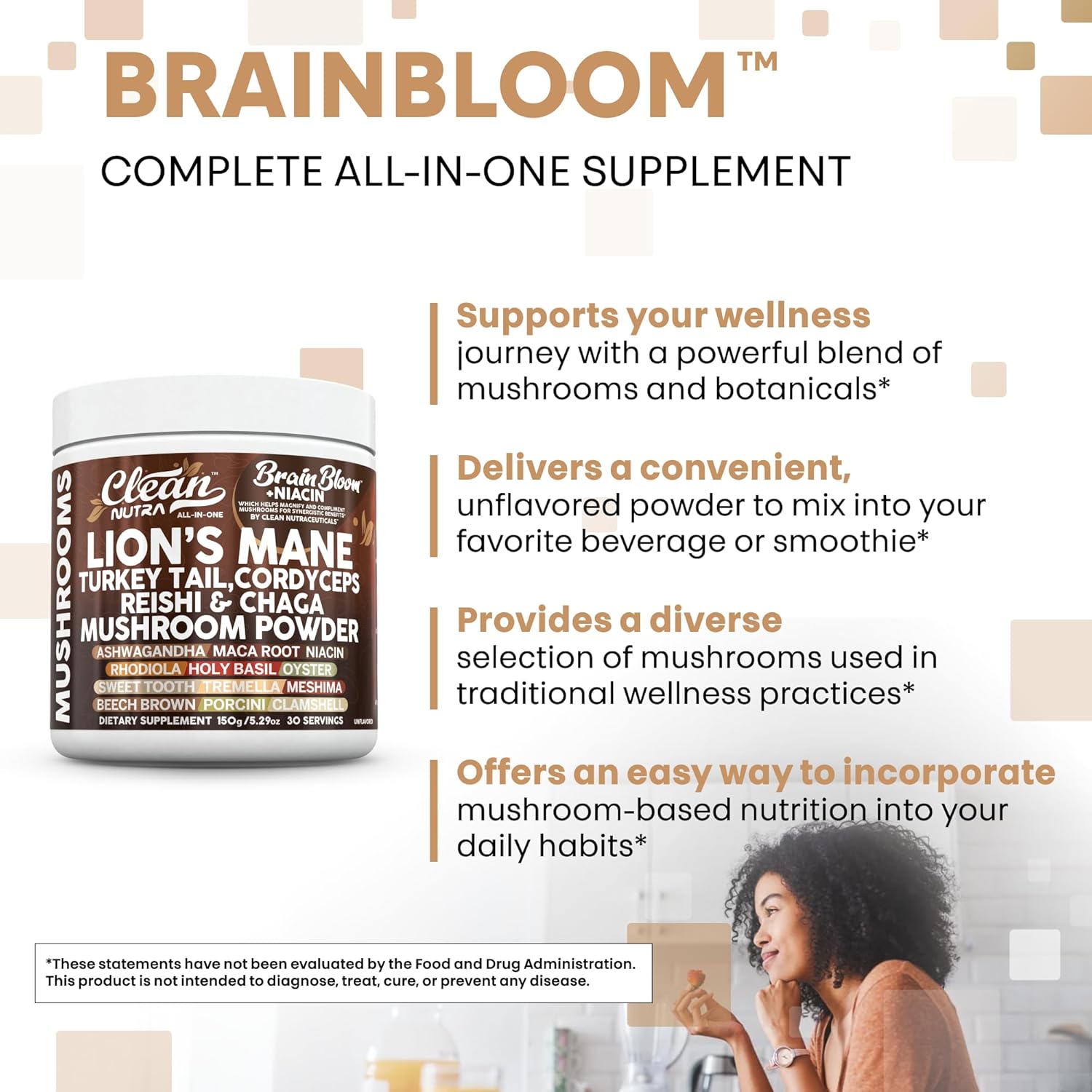 Clean Nutra Lion's Mane Turkey Tail Cordyceps Reishi Chaga Mushroom Powder + Ashwagandha Niacin Calm Stress Memory Adrenal Support Supplements Maca Rhodiola Holy Basil Apaptogen Supplement Unflavored