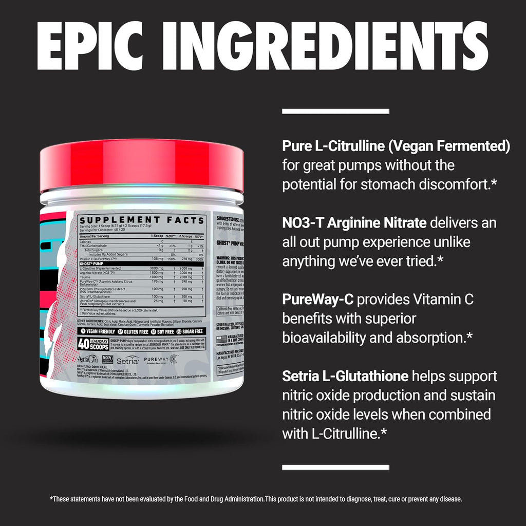 GHOST Pump Nitric Oxide Powder, Pineapple - 40 Servings - Sugar-Free & Stim-Free Pre-Workout Supplements - L-Citrulline, Arginine Nitrate & L-Glutathione - Soy & Gluten-Free, Vegan