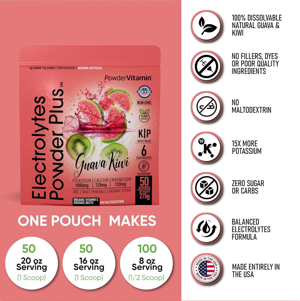 PowderVitamin Electrolytes Powder Plus (50 Servings) Guava Kiwi Electrolyte Powder Zero Calorie Keto, 0 Sugar, No Maltodextrin,1000mg Potassium,120mg Calcium,120mg Magnesium, Hydration Powde
