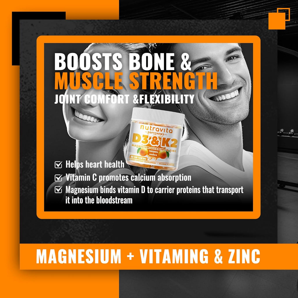 Sugar-Free Vitamin D3 K2 Chews with Calcium + K2 (MK-7), Magnesium Citrate, Vitamin C, Extra Strength - Ultimate Absorption for Bone Muscle Teeth Immune, Vegan - 60 Count-Orange Flavor